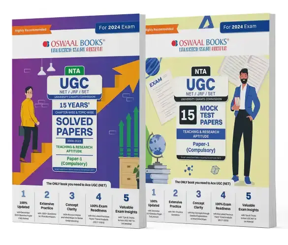 Oswaal NTA UGC NET JRF SET 15 Years Solved Papers (2009-2023) Chapter-Wise and Topic-Wise Teaching and Research Aptitude General Paper-1 Plus 15 Mock Test Papers  Teaching and Research Aptitude General Paper-1 (Compulsory) (Set of 2 Books)  For 2024 Exam